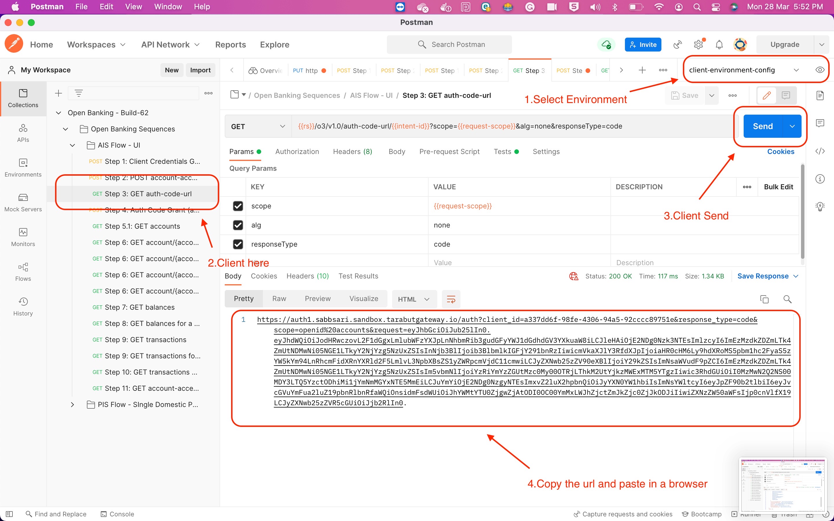 Once the URL is constructed, open the URL to initiate the PSU consent flow